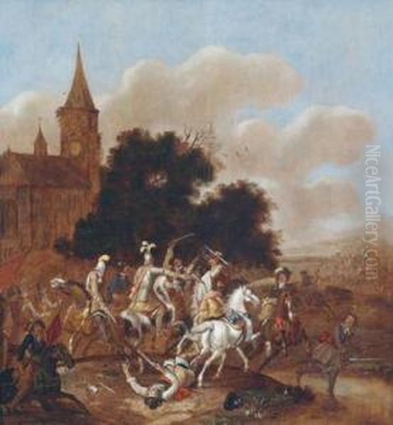 Reitergefecht Vor Einer Dorfkirche Oil Painting by Palamedes Palamedesz. (Stevaerts, Stevens)