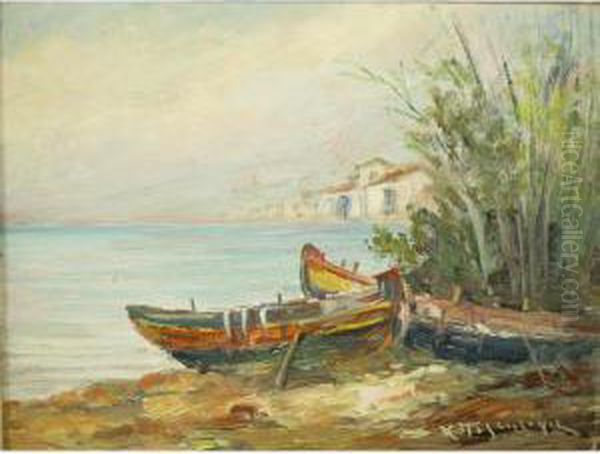 Expressionist Island Shore View With Boats Oil Painting by Charalambos Paleologos