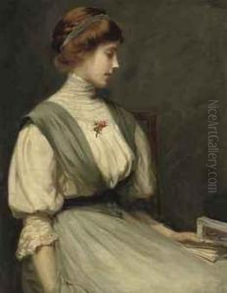 Portrait Of Nora Allen, Seated Half-length, Reading A Book Oil Painting by William Mainwaring Palin