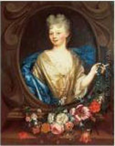 Portrait De Jeune Femme Dans Un OEil-de-boeuf, Tenant Une Guirlande De Fleurs Oil Painting by Isaak Paling