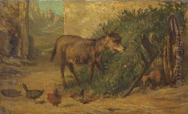 A Donkey And Chickens In A Farmyard Oil Painting by Filippo Palizzi