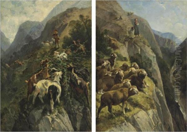 A Shepherdess With Her Flock In The Mountains; And A Shepherd With His Goats In The Mountains Oil Painting by Giuseppe Palizzi