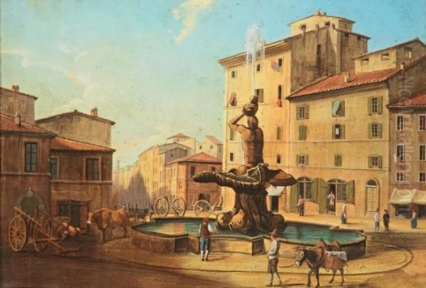 Piazza Barberini A Roma Oil Painting by Gustaf-Wilhelm Palm