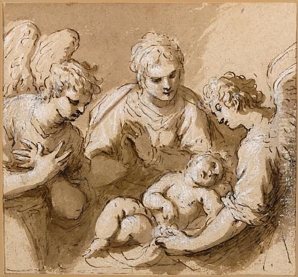 A Mother And Child With Angels Oil Painting by Acopo D'Antonio Negretti (see Palma Giovane)