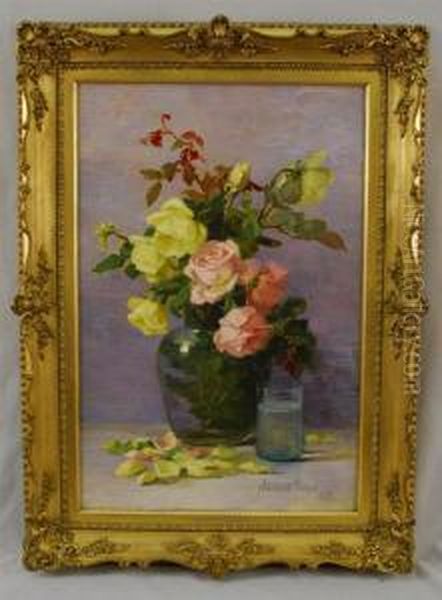 Still Life With Yellow And Pink Roses Oil Painting by Adelaide Palmer