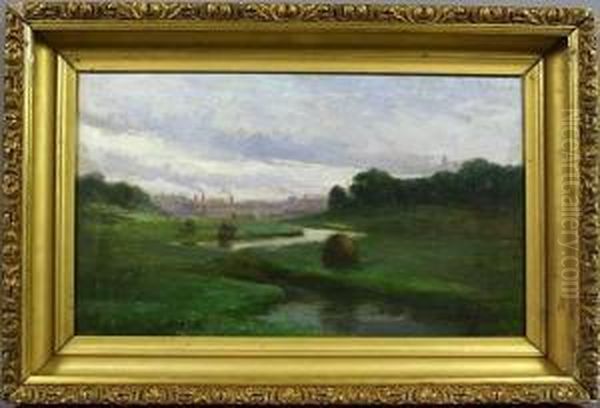 A View Of Marshes With A Town In The Distance Oil Painting by Adelaide Palmer