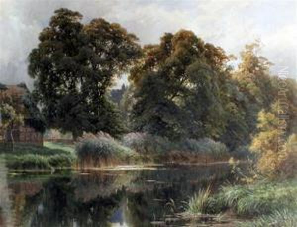 River Landscape With Church Viewed Through Trees Oil Painting by Harry Sutton Palmer