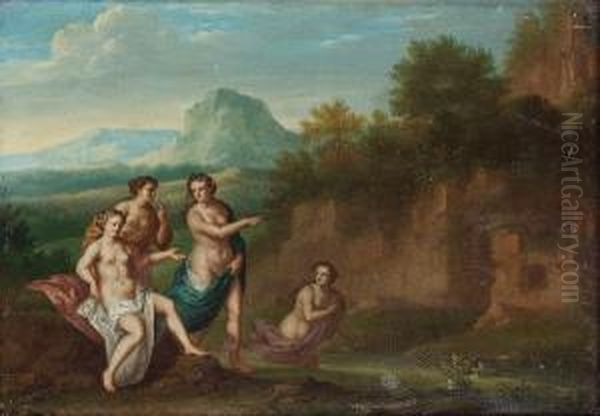 An Italianate Landscape With Nymphs Beside Ruins Oil Painting by James Palmer