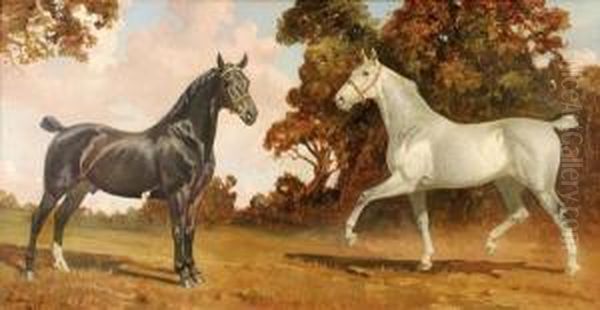 A Grey And Abay In A Landscape, Believed To Be Buchanan And Co's Tradehorses Oil Painting by James Lynwood Palmer