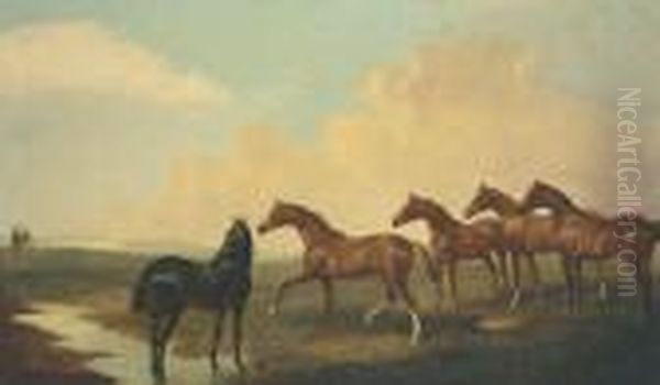 Horses In An Extensive Landscape With Figures Beyond Oil Painting by James Lynwood Palmer