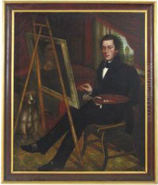 Self-portrait Of The Artist At His Easel, His Dog Seated Beneath An Empire Center Table Oil Painting by Randall Palmer