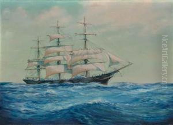 A Clipper Approaching Port, Her Crew Furling Sail Oil Painting by Don F. Palmerton