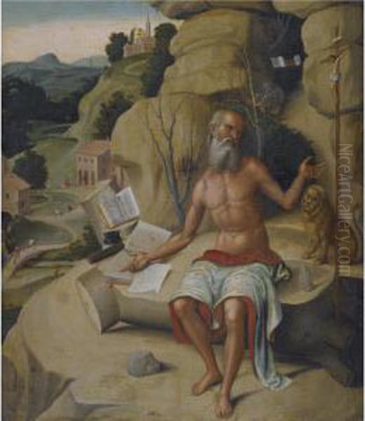 Saint Jerome, Seated On A Rock Before An Extensive Landscape Oil Painting by Marco Palmezzano