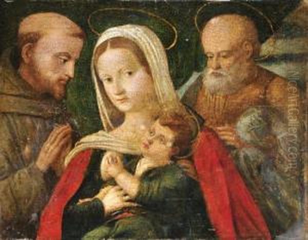 Saint Francois D'assise Devant La Sainte Famille Oil Painting by Marco Palmezzano