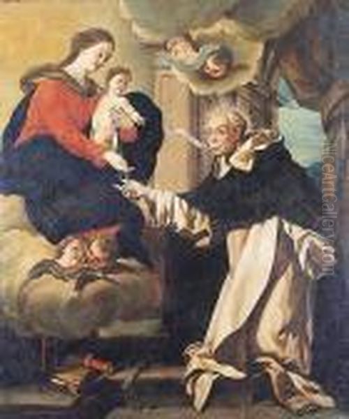 La Virgen Entregando El Rosario A San Juan De Mata Oil Painting by Agiselo Antonio Don Palomino De Castro Y Velasco