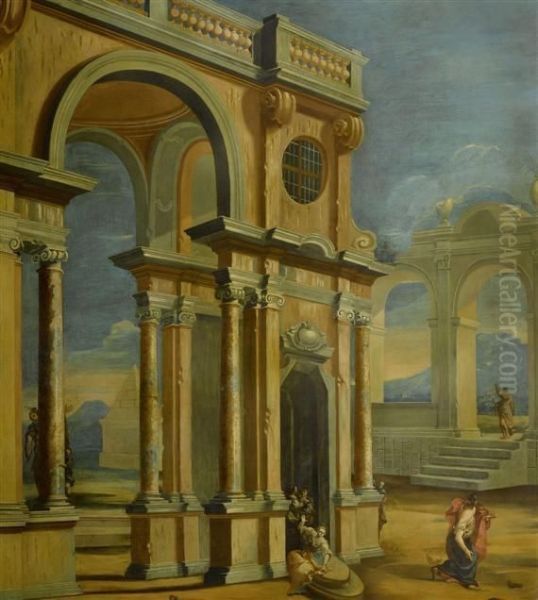 Large Architectural Vista With Figures Oil Painting by Pietro Paltronieri Il Mirandolese