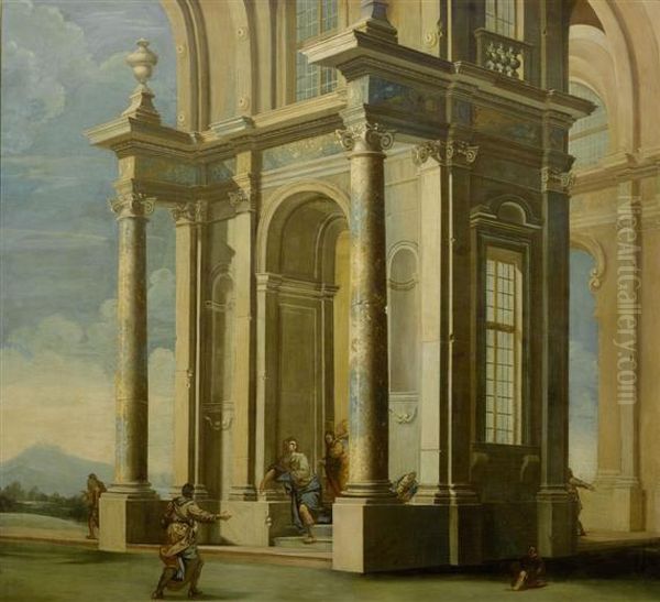 Large Architectural Vista With Figures Oil Painting by Pietro Paltronieri Il Mirandolese