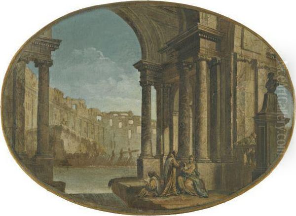 An Architectural Capricci With Figures In The Foreground Oil Painting by Pietro Paltronieri Il Mirandolese