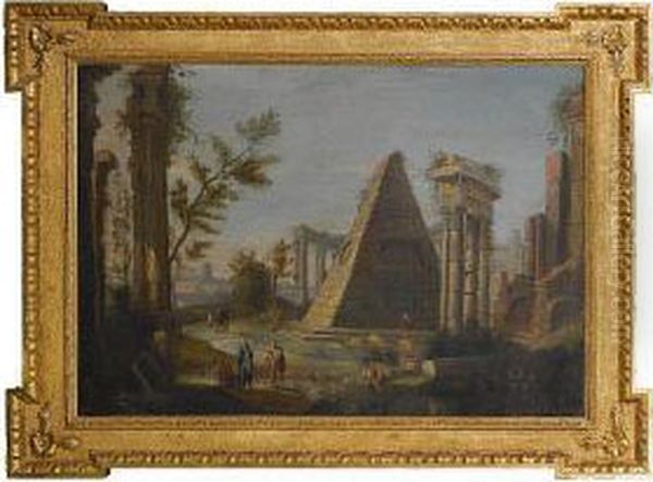 A Shepherd, An Oriental And Other Figures Before A Capriccio Oil Painting by Pietro Paltronieri Il Mirandolese