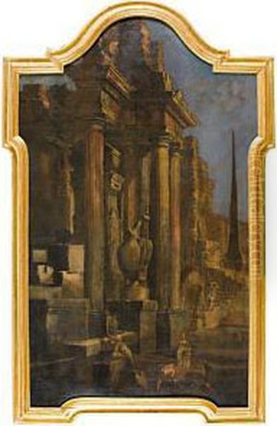 Capriccio Architettonico Con Obelisco E Figure Oil Painting by Pietro Paltronieri Il Mirandolese