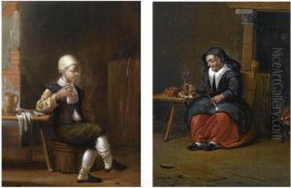 A Man Sitting At A Table And Smoking In An Inn; An Elderly Woman Smoking And Holding A Wine Glass In An Inn Oil Painting by Francois Paludanus