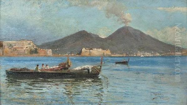 Fishing Boats In The Bay Of Naples, Vesuvius Beyond Oil Painting by Luigi Palumbo