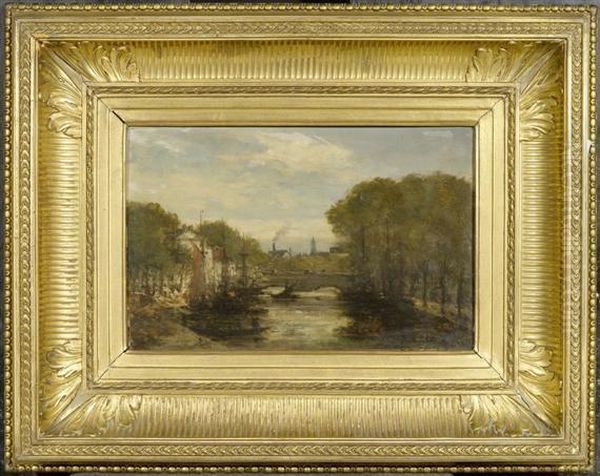 A River Landscape With Boats Oil Painting by Florimond Palvadeau