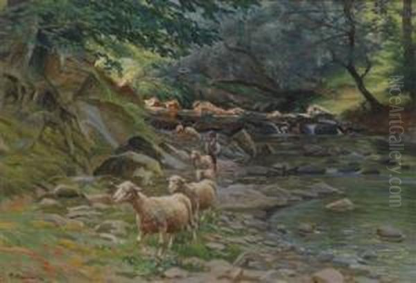 Herd Of Sheep And Young Shepherd By The Bank Of A Stream Oil Painting by Ruggero Panerai