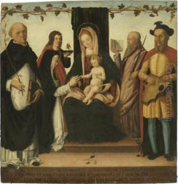 The Mystical Marriage Of St. Catherine, With St. Dominic, St. John The Evangelist, St. Paul And An Unknown Figure, Possibly King David, Plucking A Pig's Head Psaltery Oil Painting by Domenico Panetti