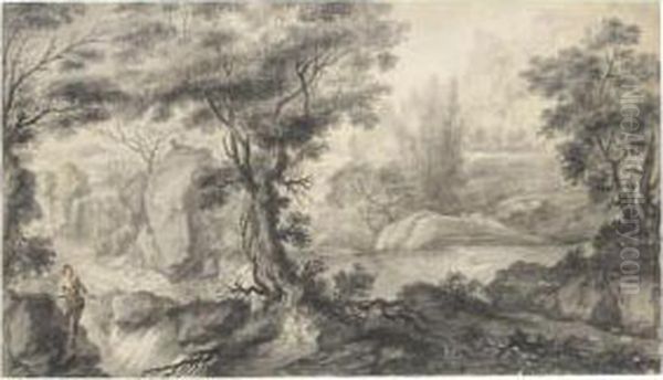 Wooded River Landscape With Two Figures Oil Painting by Romolo Panfi