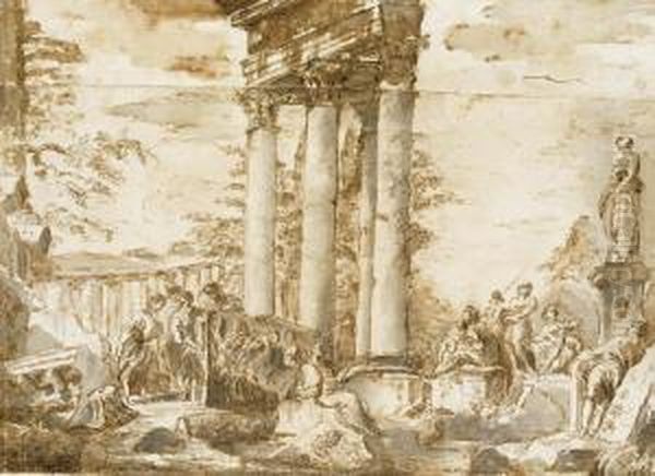 A Capriccio With Figures Among Classical Ruins And Statues Oil Painting by Francesco Panini