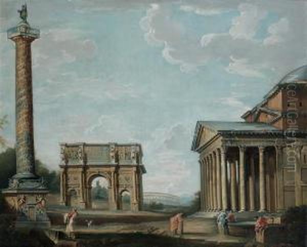 La Colonne Trajane, L'arc De Constantin Et Le Pantheon Dans Un Caprice Architectural Oil Painting by Francesco Panini