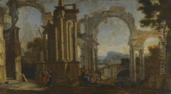 A Fluvial Architectural Capriccio With Christ Healing The Blind Man Oil Painting by Giovanni Niccolo Servandoni