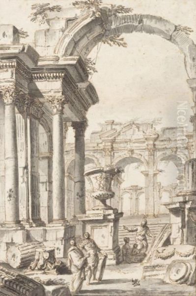 Capriccio Of Roman Ruins Oil Painting by Giovanni Niccolo Servandoni