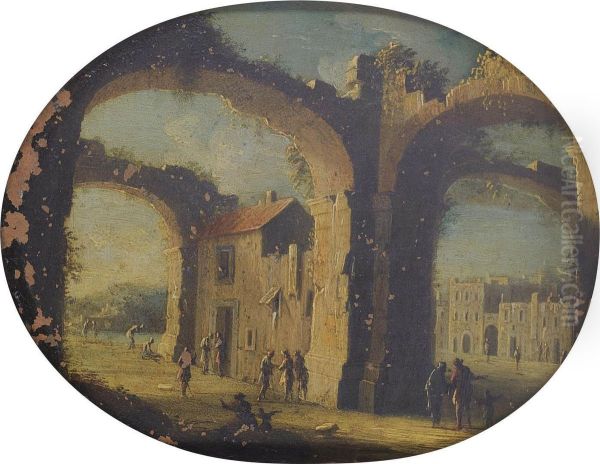 An Architectural Capriccio With Figures Oil Painting by Giovanni Niccolo Servandoni