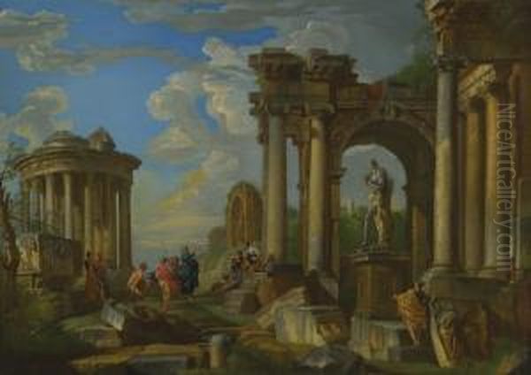 Roman Ruins With Classical Figures Oil Painting by Giovanni Niccolo Servandoni