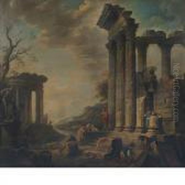 Capriccio Of Figures Among Ruins Oil Painting by Giovanni Niccolo Servandoni