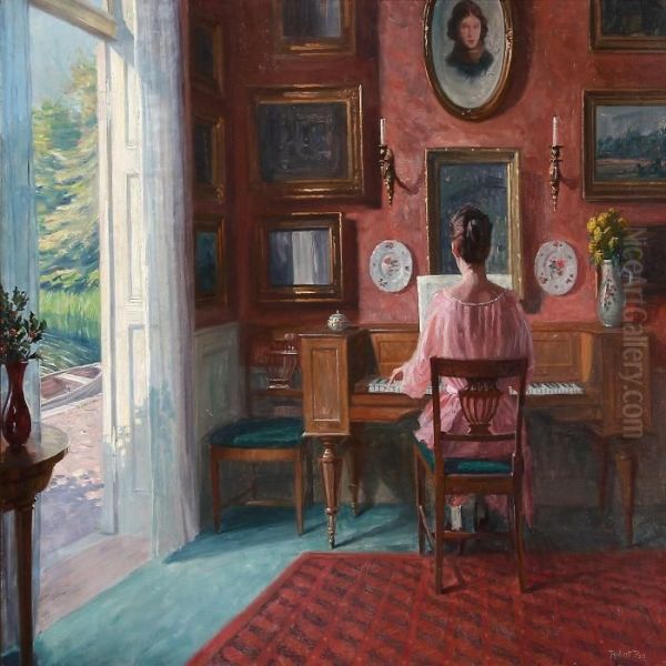 Interior With A Backturned Woman Palying The Piano Oil Painting by Robert Panitzsch