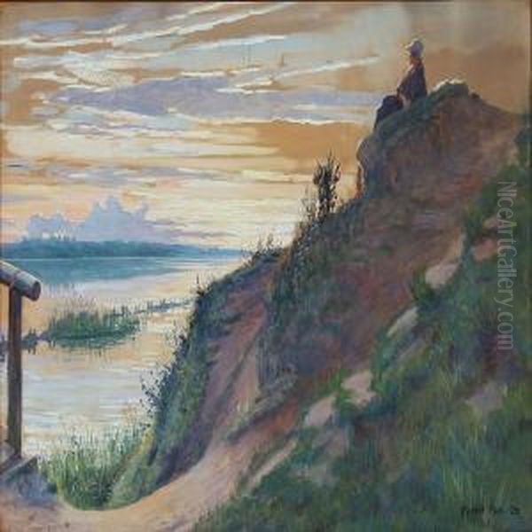 A Woman Looking At The Sunset Near A Fiord Oil Painting by Robert Panitzsch