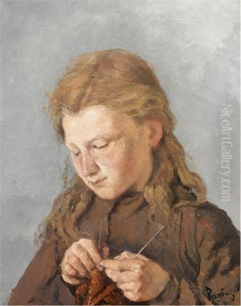 Young Girl Knitting Oil Painting by Pericles Pantazis