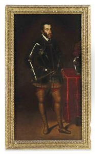 Cruz Portrait Of Charles V, Holy Roman Emperor , Full-length,in A Breast-plate, A Baton In His Right Hand Oil Painting by Juan Pantoja de la Cruz