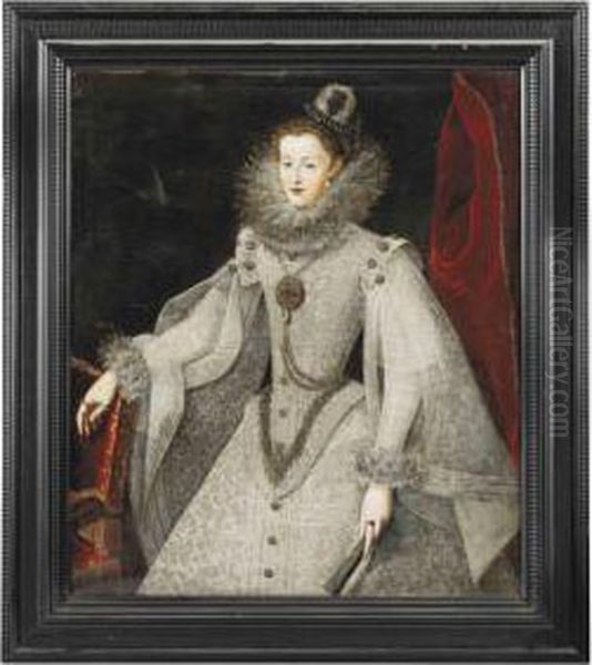 Cruz Portrait Of Margaret Of Austria, Queen Consort Of Spain Andportugal , Three-quarter-length, In A Richly Embroidereddress, Her Right Hand Resting On A Chair, Holding A Fan In Her Lefthand Oil Painting by Juan Pantoja de la Cruz