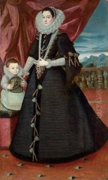 A Lady In A Black Dress With A White Ruff And A Child Holding Abirdcage On A Tiled Terrace With A Balustrade Oil Painting by Juan Pantoja de la Cruz