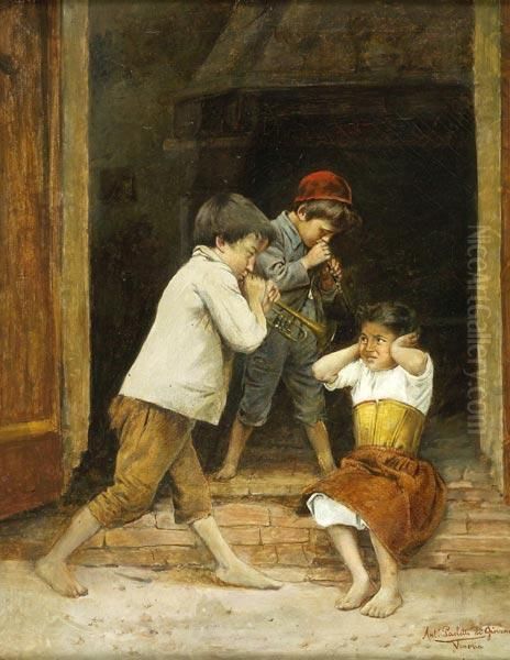 Scena Di Genere Con Bambini Suonatori Oil Painting by Antonio Paoletti