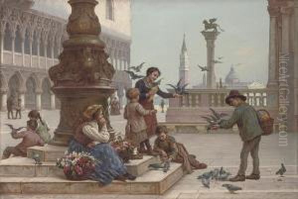 Feeding The Pigeons Oil Painting by Antonio Paoletti