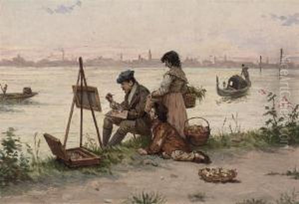 An Artist On The Shore, Venice In The Distance Oil Painting by Antonio Paoletti