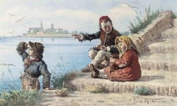 Children On A Venetian Shore, The Island Of San Giorgiobeyond Oil Painting by Sylvius D. Paoletti