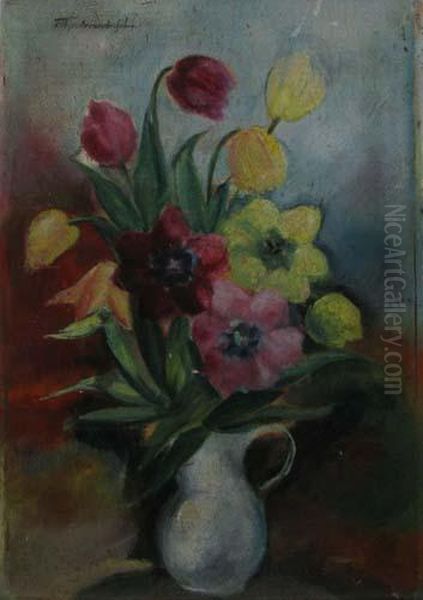 Vas Alb Cu Lalele Oil Painting by Tache Papatriandafil