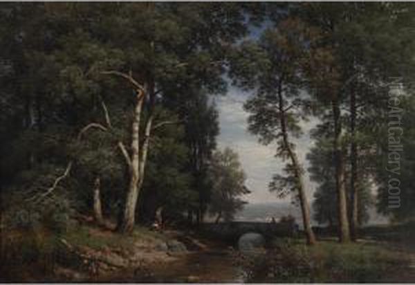 Girls Gathering By A River And Stone Bridge Oil Painting by Eduard Friedrich Pape