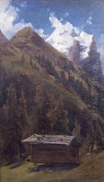 Hochgebirgslandschaft Mit Hutte Oil Painting by Eduard Friedrich Pape